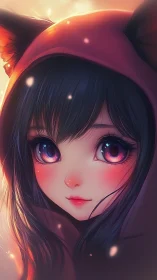 Anime portrait renders luminous girl in fox-eared hoodie