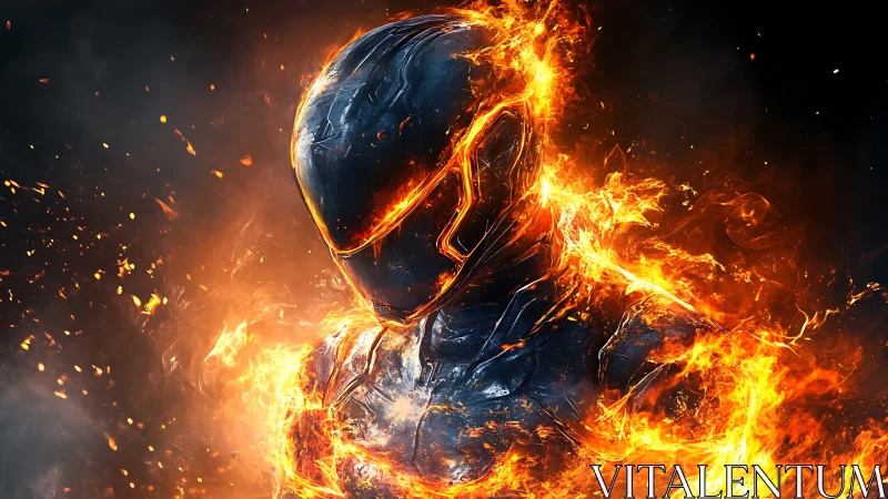 Armored humanoid figure engulfed in dynamic orange flames.