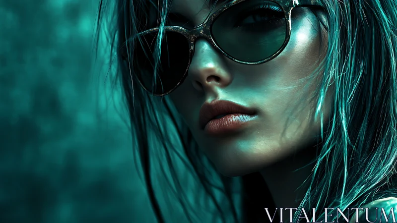 Close-up digital portrait of woman with teal lighting.