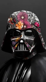 Floral dark helmet unites menacing sci‑fi armor and blooms