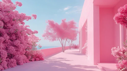 Pastel pink seaside terrace with ethereal cotton trees.