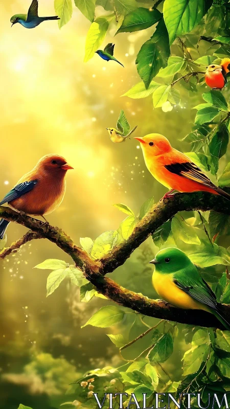 Luminous songbirds on sunlit boughs in lush digital painting.