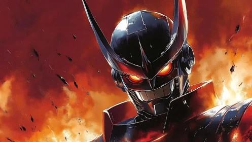 Armored mecha portrait dominates a kinetic inferno backdrop
