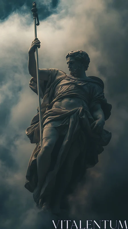 Colossal marble warrior rises through storm darkened clouds