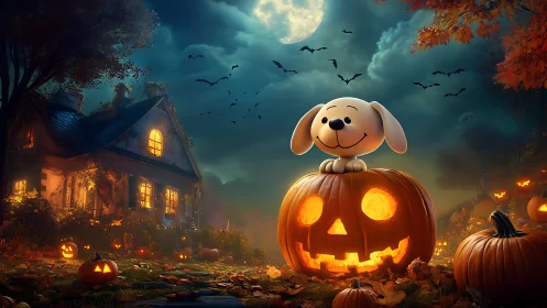 Halloween yard scene with Jack O Lantern and cartoon dog.