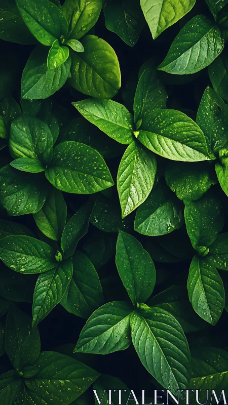 Overhead view records dense arrangement of wet green leaves