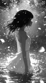 Girl stands in moonlit water as drifting petals frame silence