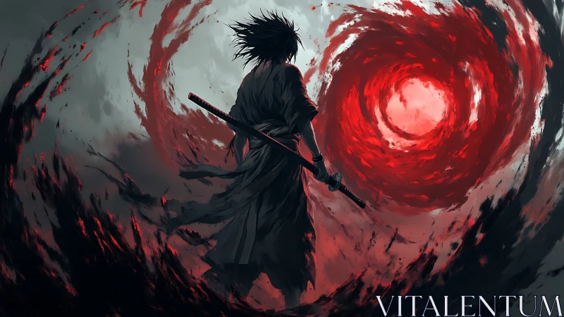 Lone swordsman facing a swirling red energy vortex.