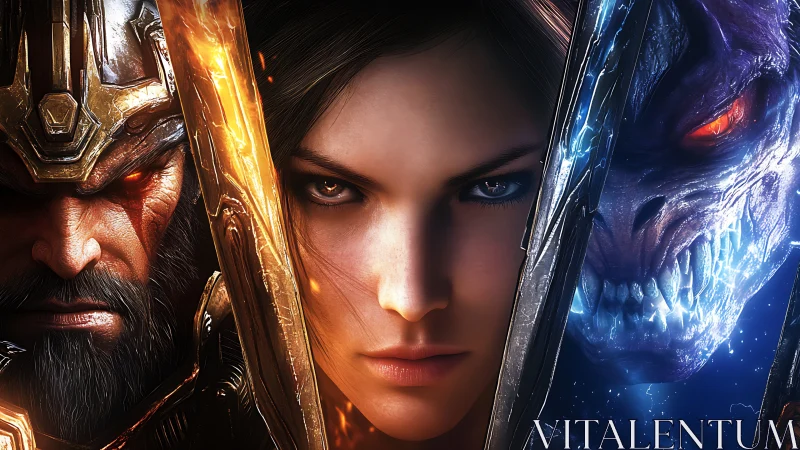 Triptych character confrontation in high-impact digital painting.