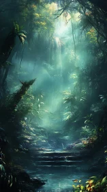 Luminous Jungle Ravine: Digital Painting Rendered Through Ethereal Mist.