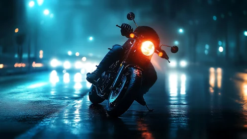 Motorcycle leans into neon-lit rain-soaked city street at night.