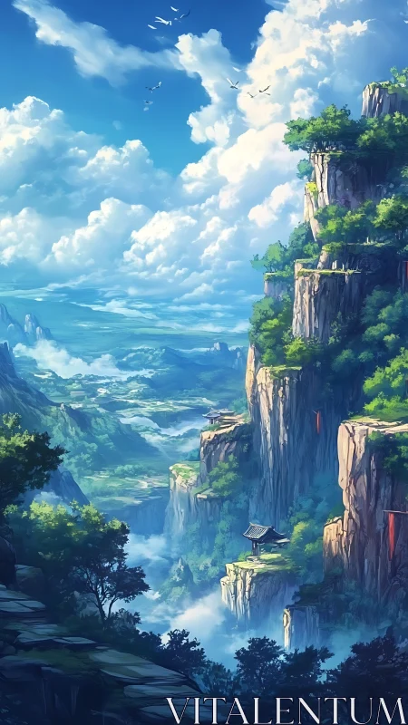 Cliffside sanctuaries drifting above a sunlit valley.