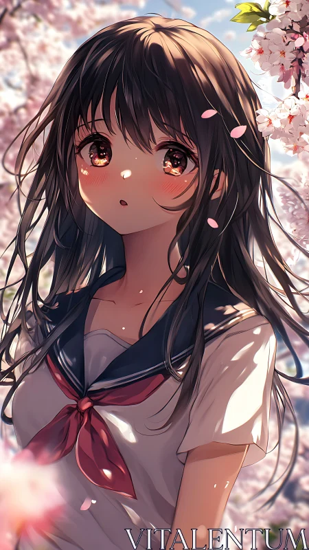 Schoolgirl stands among cherry blossoms under soft daylight