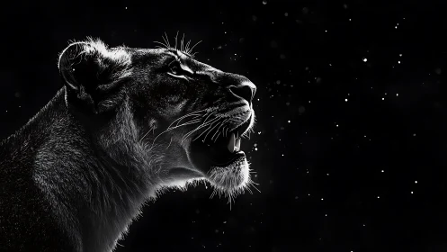 Moonlit lioness in quiet profile against starry night sky.