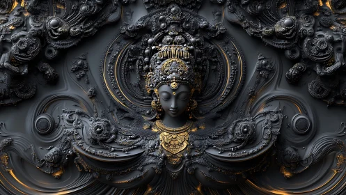 Baroque metallic goddess emerges from swirling shadows.