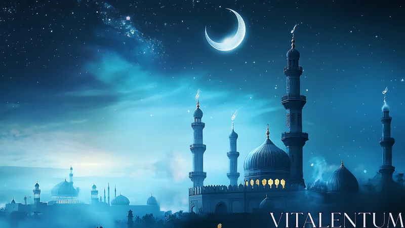 Moonlit mosque skyline glows softly beneath a starry sky