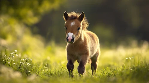 Tiny foal exploring a sunny meadow with gentle curiosity.