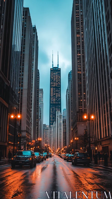 Wet city street framing illuminated downtown skyscraper.