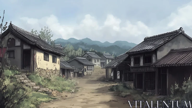 Rural dirt street with traditional wooden village houses.