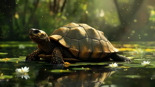 Sunlit wetland tortoise with specular shell reflections.
