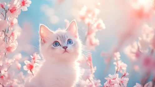 White Cat with Blue Eyes Among Pink Spring Blossoms