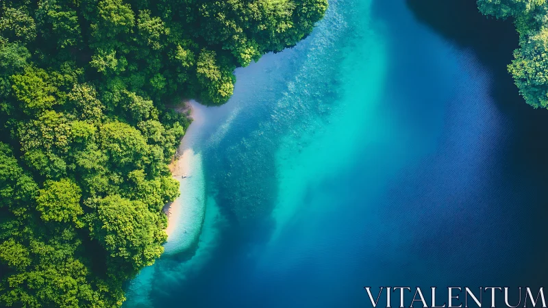 Verdant forest meets crystalline waters in aerial coastal view