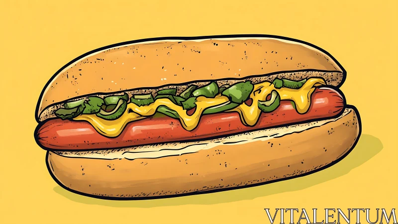 Illustrated hot dog with mustard and relish on yellow background.