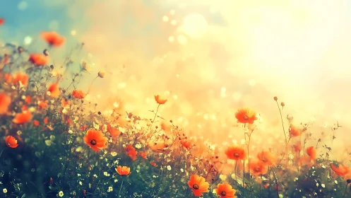 Field of Orange Flowers Under Golden Sky