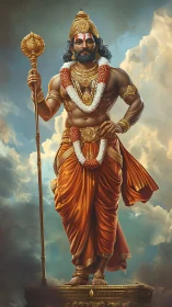 Divine warrior deity in orange robes against luminous sky.