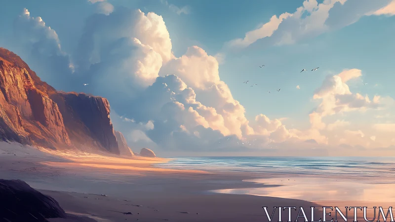 Sunlit coastal cliffs under expansive atmospheric cloudscape.