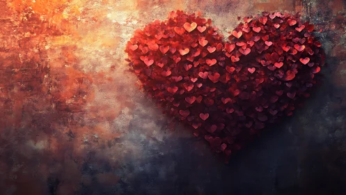 Heart Composed of Luminous Red Hearts Against Textured Background