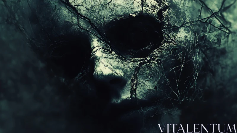 Surreal cracked visage in shadowed monochrome composition.