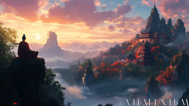 Monk on cliff overlooking tiered mountain temples at dusk.