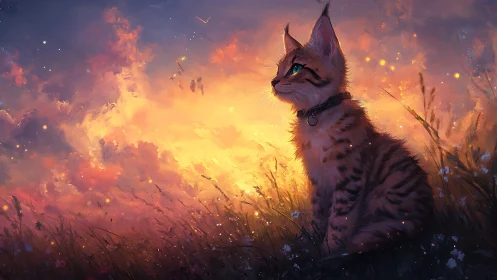 Feline figure positioned in field under dramatic sunset illumination.