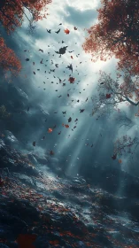 Storm-tossed autumn leaves swirling through misted ravine.