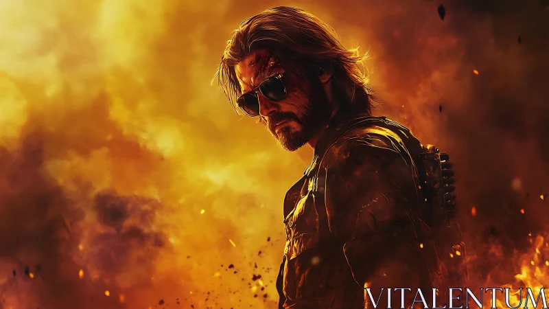 Battle-hardened soldier stands amid blazing firestorm inferno