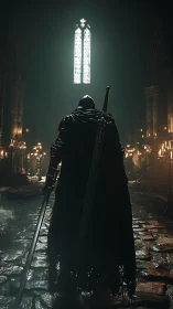 Armored swordsman in dim cathedral interior with candles.