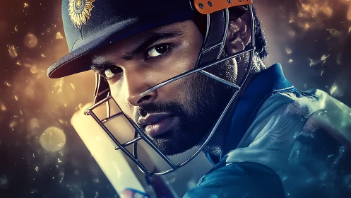 Cricket warrior locks eyes with destiny under electric lights.