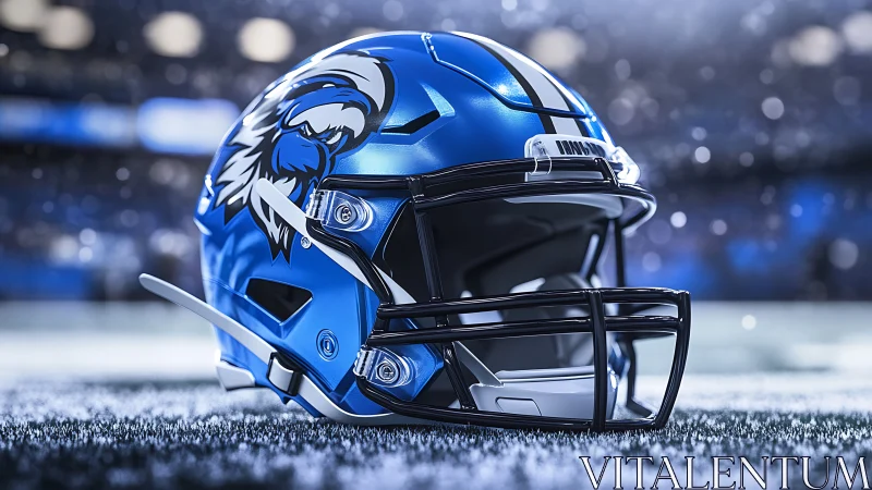 Blue football helmet on field with stylized bird logo.
