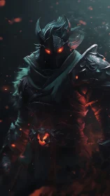 Volcanic warlord in ember-forged armor with infernal gaze.