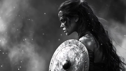 Warrior maiden in battle haze, monochrome profile study.