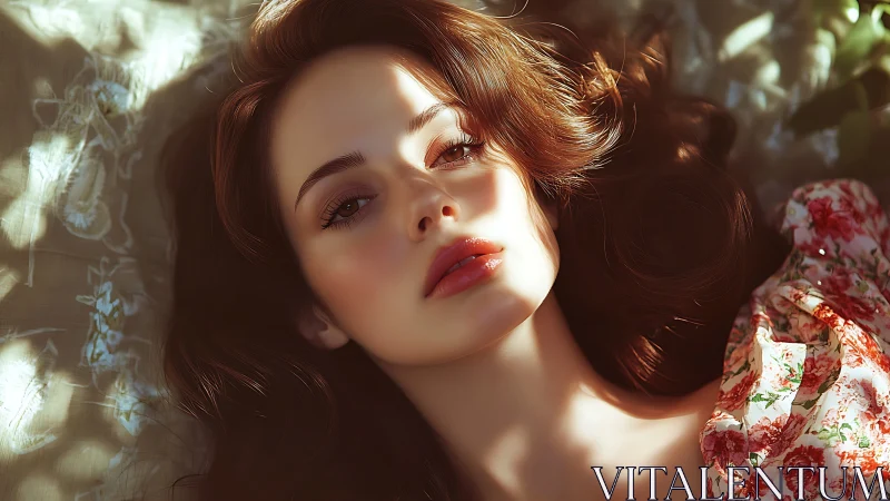 Portrait shows woman lying in dappled natural sunlight