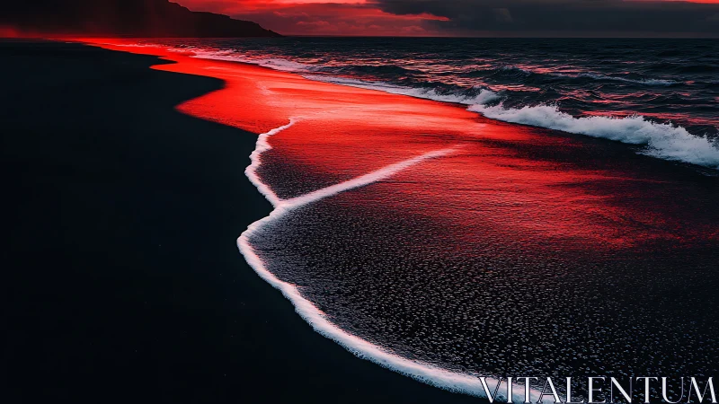 Digital seascape with red-reflective surf on black shoreline.