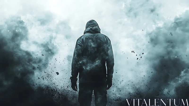Hooded silhouette standing in stormy exploding smoke cloud.