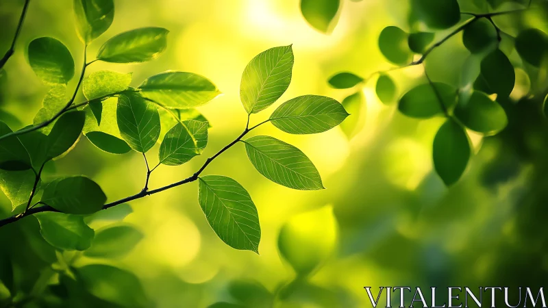 Sunlit Green Leaves Close-Up with Soft Bokeh Background.