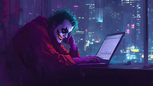 Clown-faced hacker leans over laptop in neon city night.