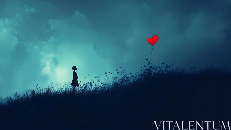 Silhouetted figure holding red heart balloon in vast turquoise landscape setting