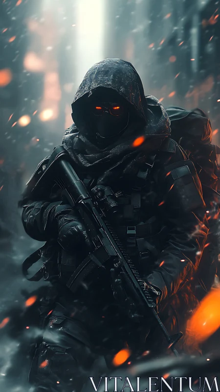 Ember-eyed shadow operative stalking a burning frostbitten alley.