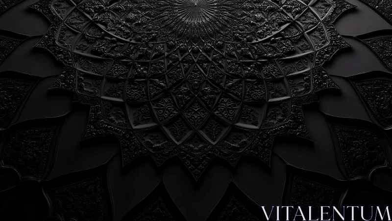 Dark radial mandala with ornate layered geometric petals.