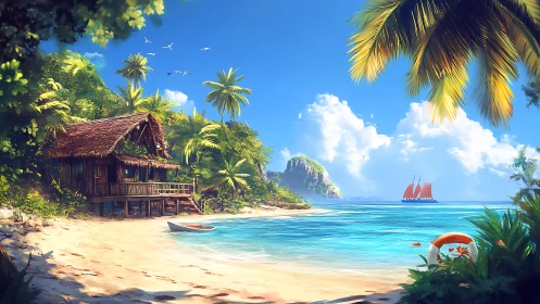 Tropical Beach Sanctuary With Sailing Vessel.